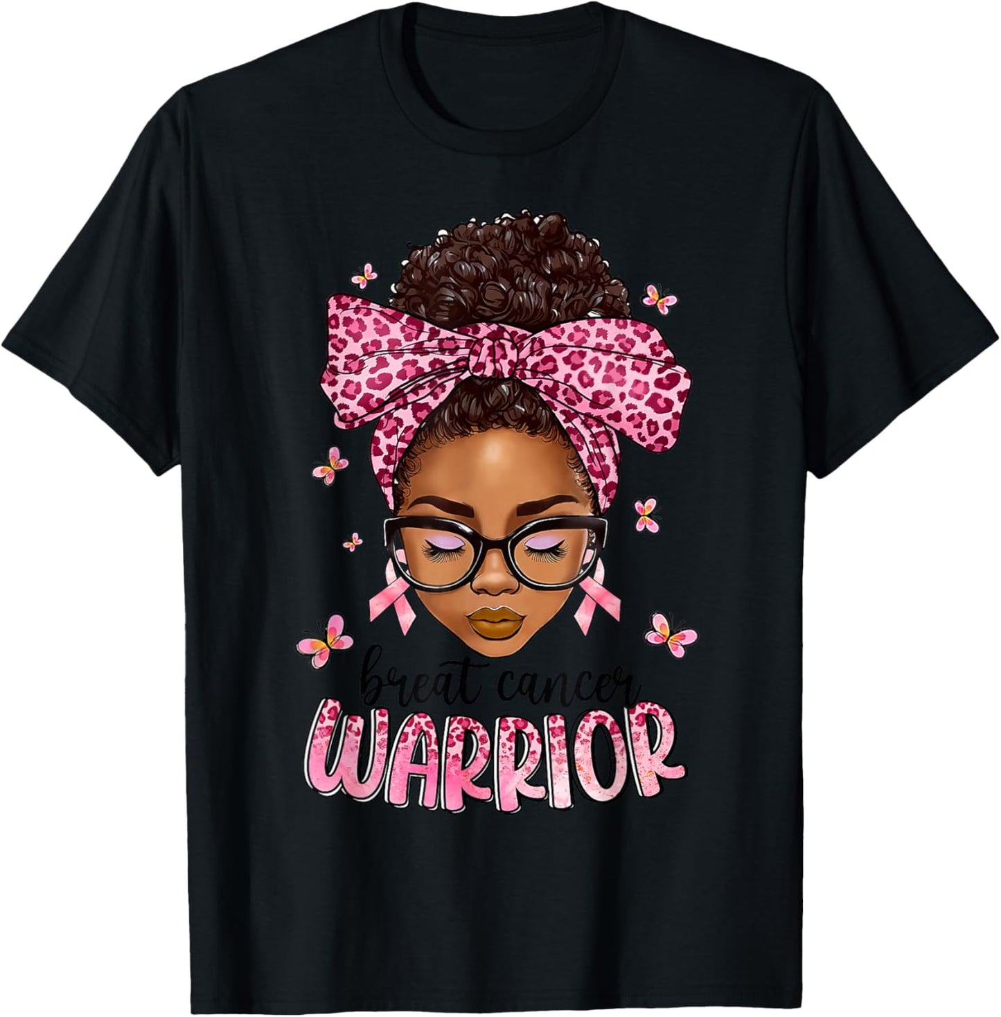 Breast Cancer Awareness Warrior Messy Bun Hair Black Woman T-Shirt - T-Shirt | Black