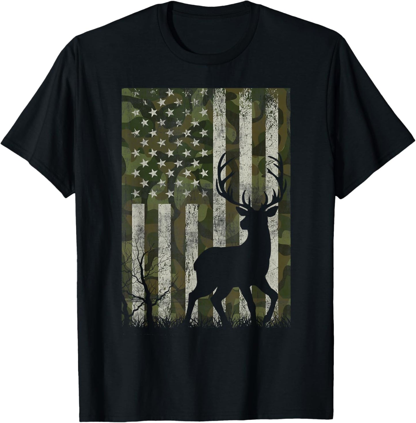 US Flag Deer Elk Buck Camoflage Hunting Hunter Dad Grandpa T-Shirt - T-Shirt | Black