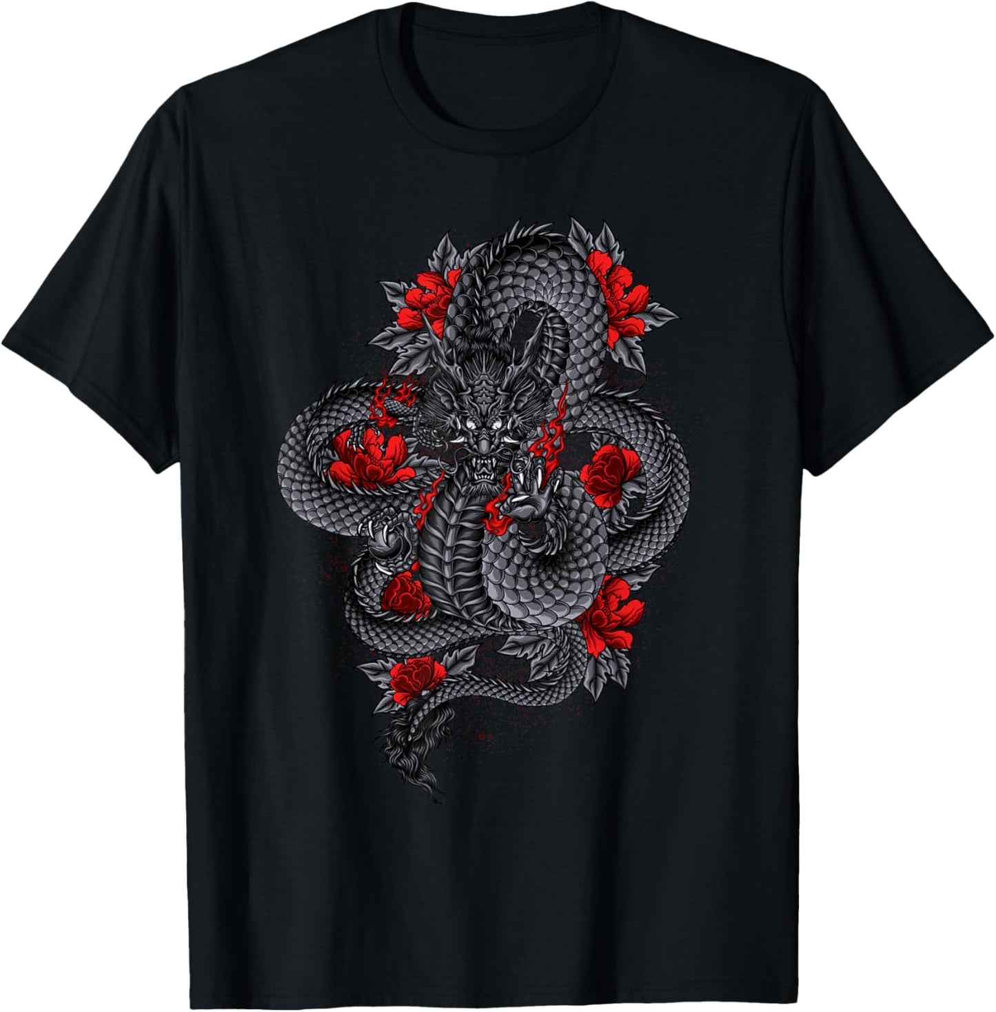 Black Dragon With Red Flowers T-Shirt - T-Shirt | Black