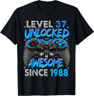 Level 37 Unlocked Awesome Since 1988 37th Birthday Gaming T-Shirt - T-Shirt | Black