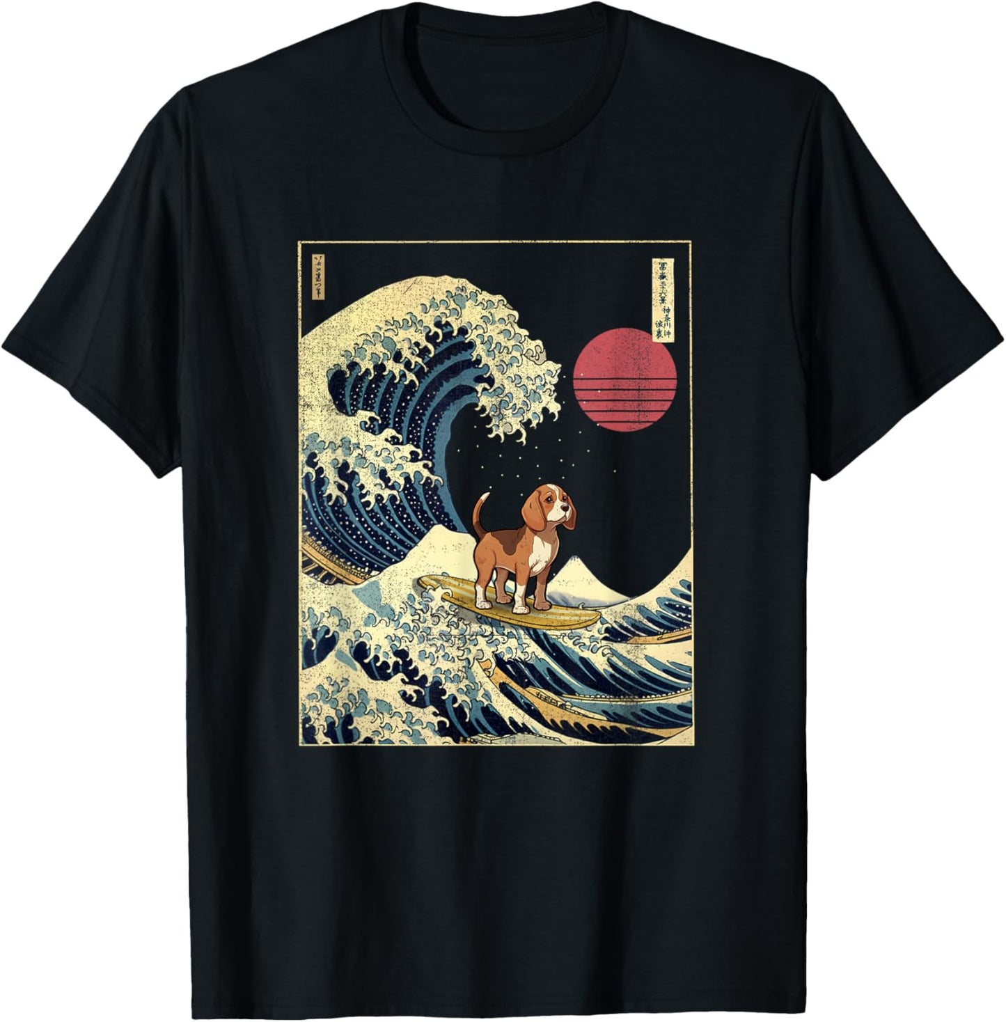 Beagle Japanese Kanagawa Wave Funny Surf Dog T-Shirt - T-Shirt | Black