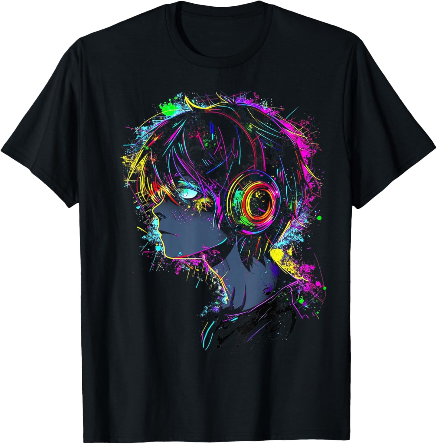 Anime Manga Graphic Headphone Illustration Anime T-Shirt - T-Shirt | Black