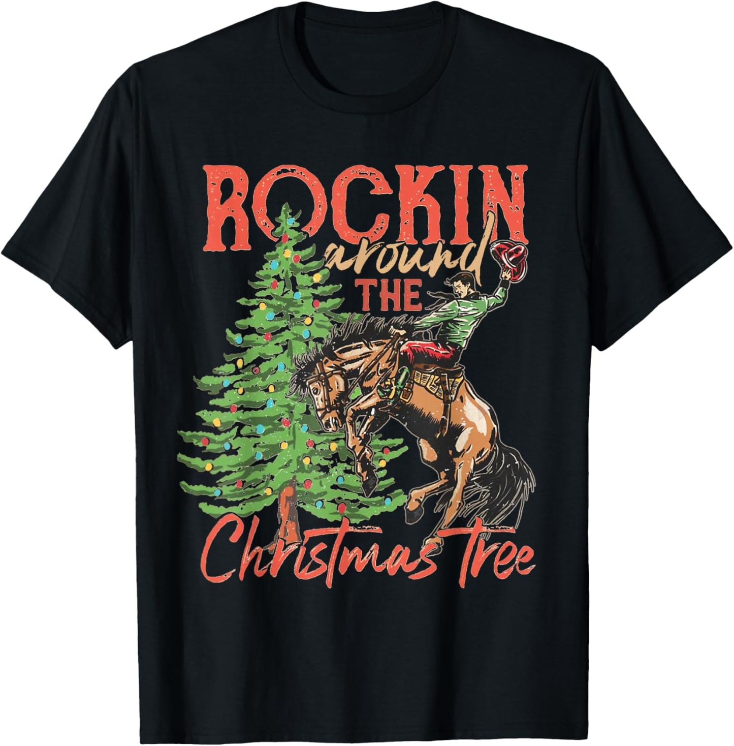 Rocking Around The Christmas Tree Christmas Cowboy Horse T-Shirt - T-Shirt | Black