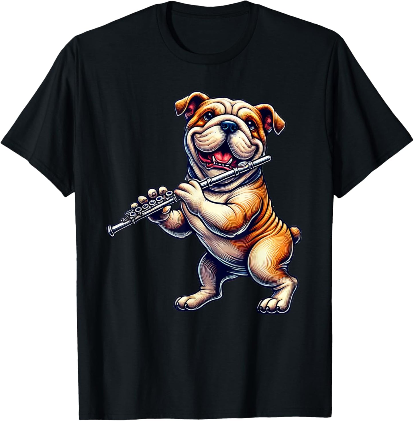 Cute English Bulldog Dog Playing Flute Musician Music T-Shirt - T-Shirt | Black