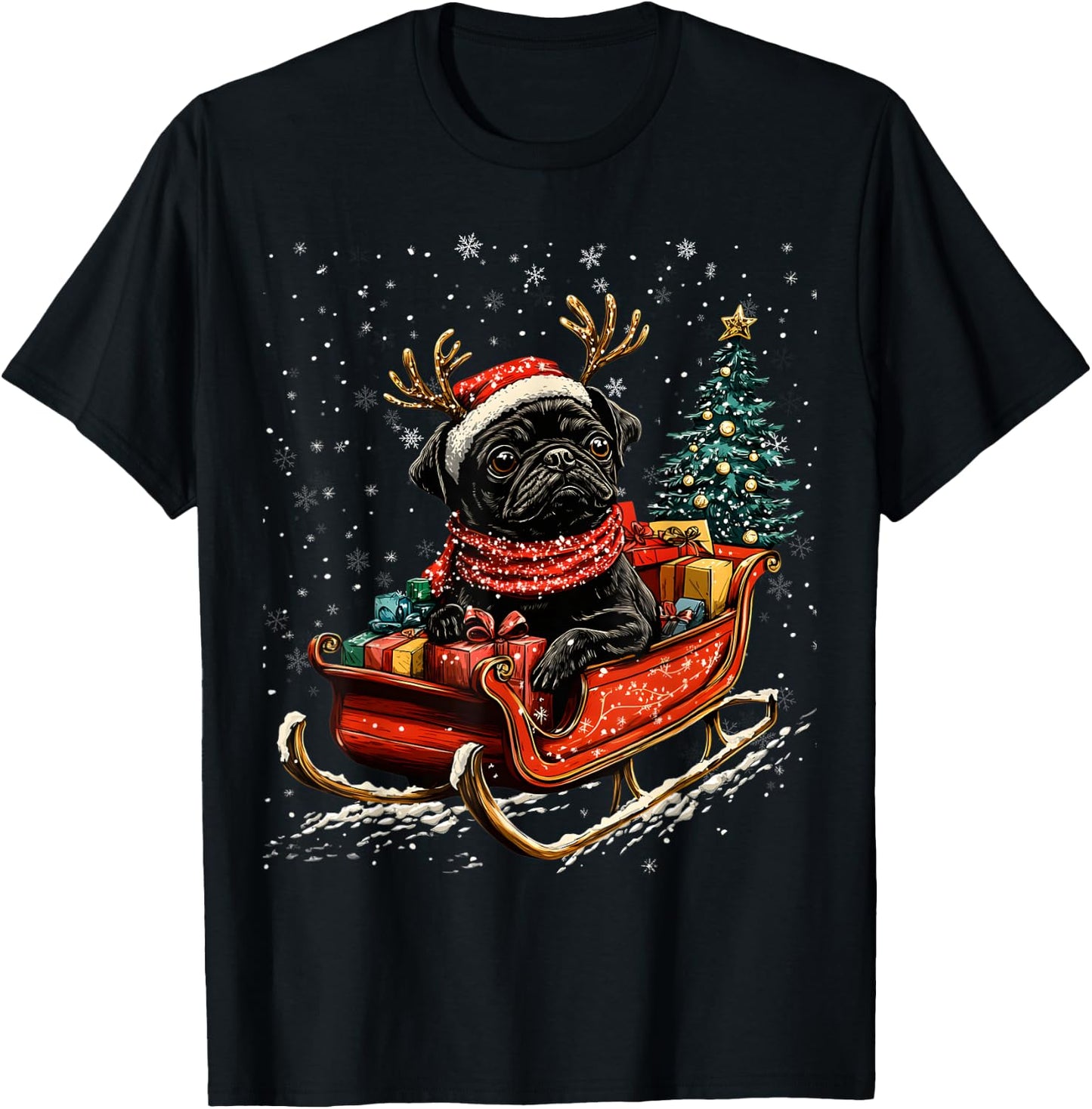 Santa Black Pug reindeer Light Christmas T-Shirt - T-Shirt | Black