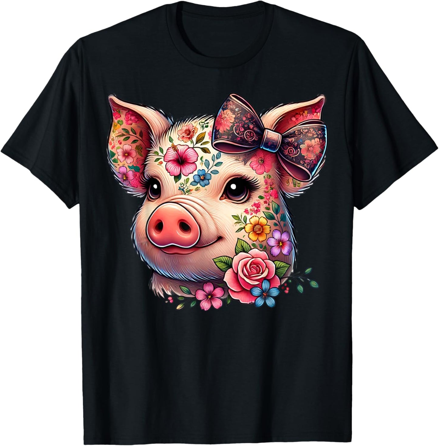 Adorable Pig Flower Graphic Pig Farm Animal Lovers and Girls , Black, S T-Shirt - T-Shirt | Black