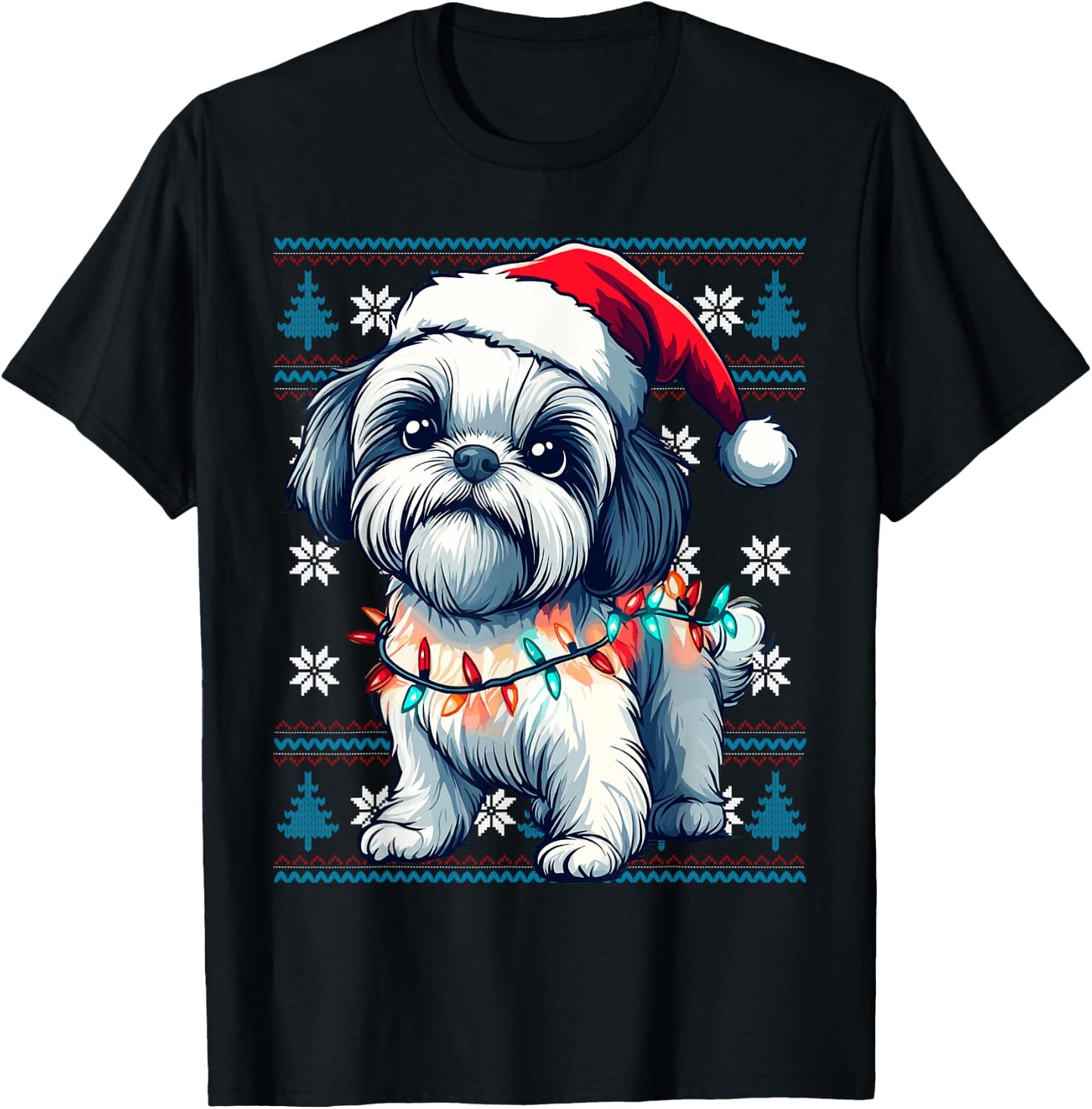 Shih Tzu Santa Xmas Tree Lights Shih Tzu Ugly Christmas T-Shirt - T-Shirt | Black