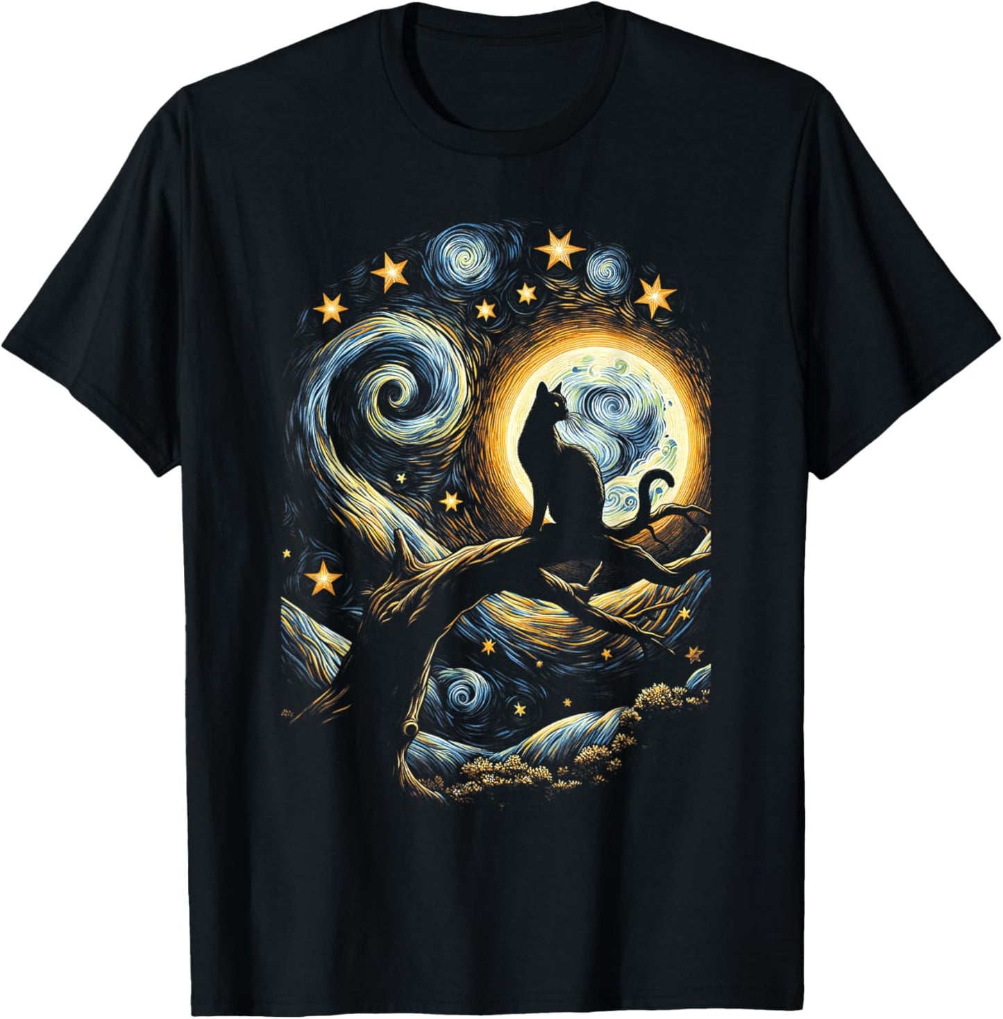 Cat Starry Night, Cat Van Gogh, Cat Art, Kids Funny Cat T-Shirt - T-Shirt | Black
