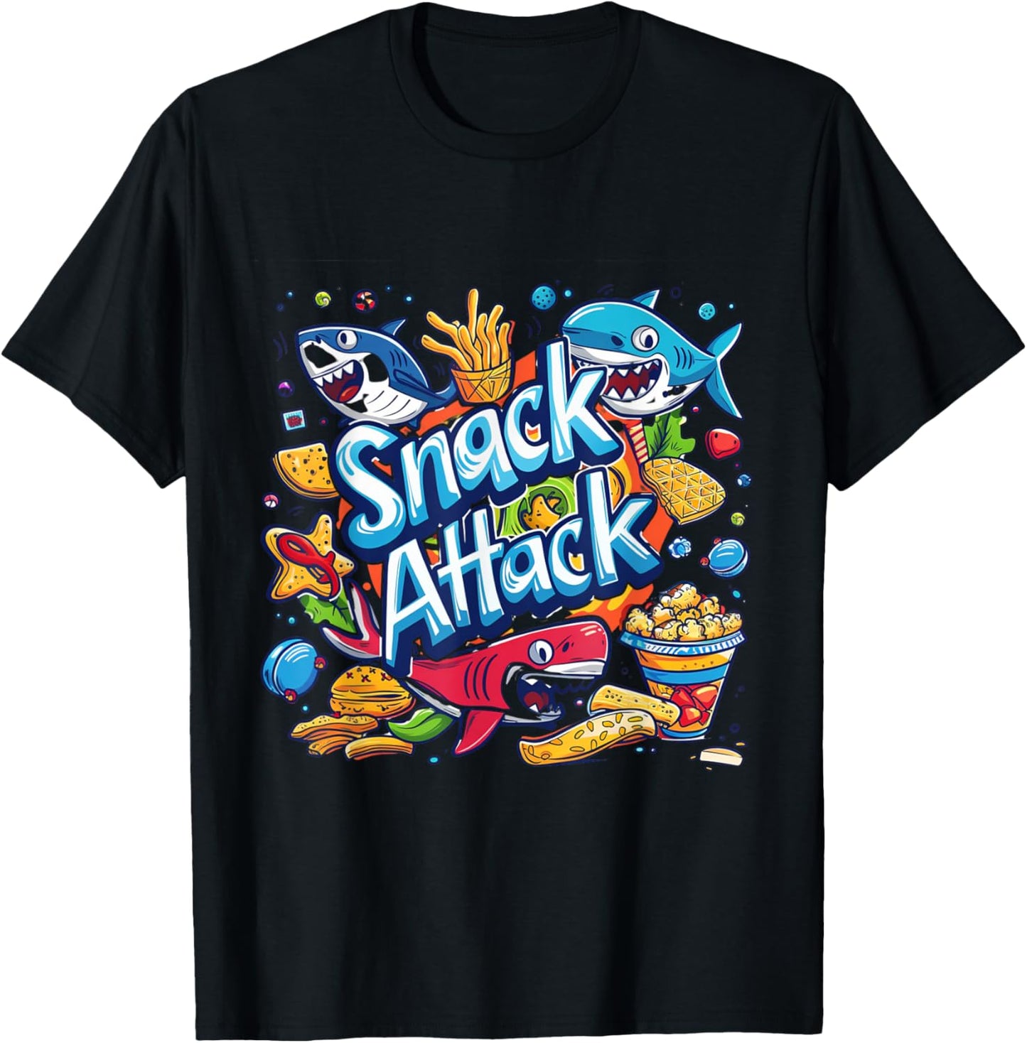 Snack Attack Funny Food Foodie Munchies Children Kids Shark T-Shirt - T-Shirt | Black