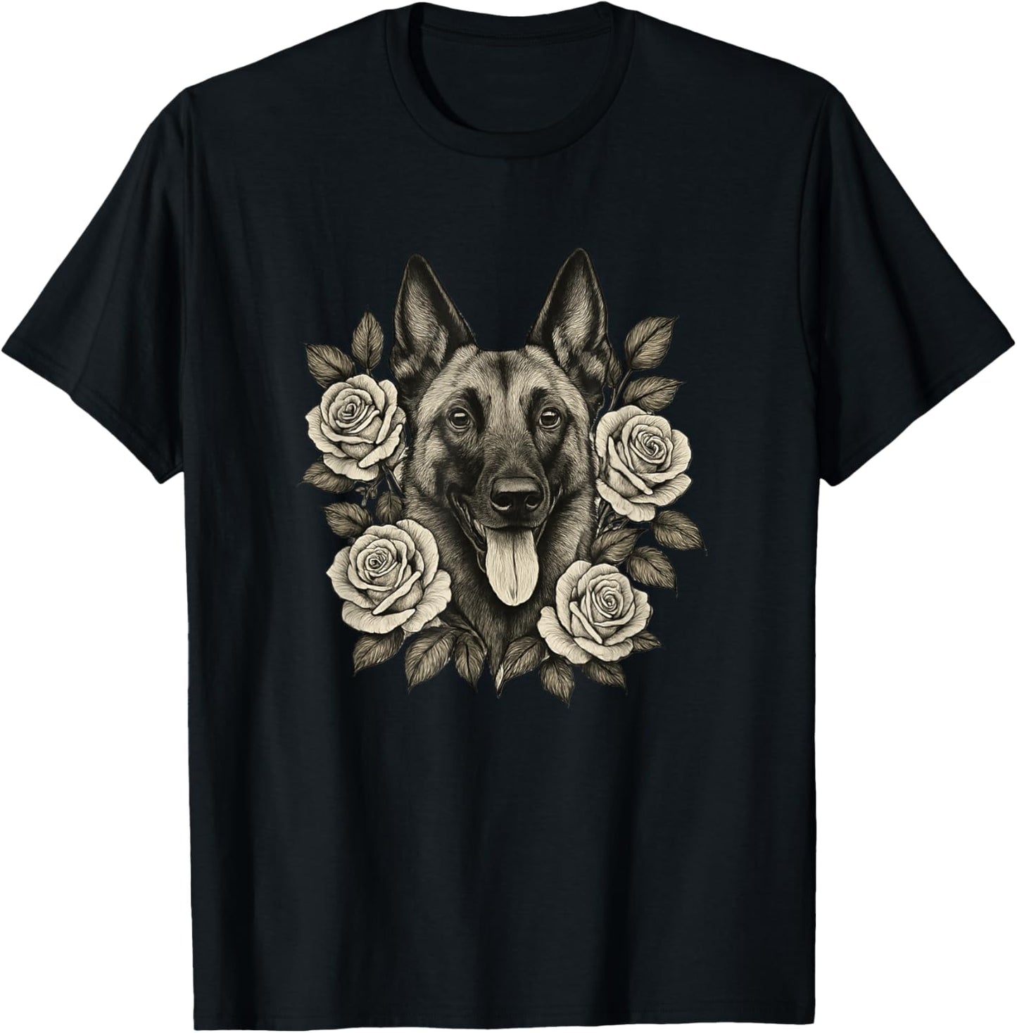 Belgian Malinois Vintage Roses Retro Tattoo T-Shirt - T-Shirt | Black