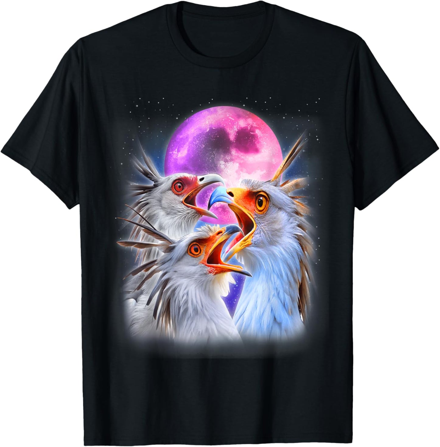 3 Secretary Bird Howling At The Moon Funny Bird Lover Birder T-Shirt - T-Shirt | Black
