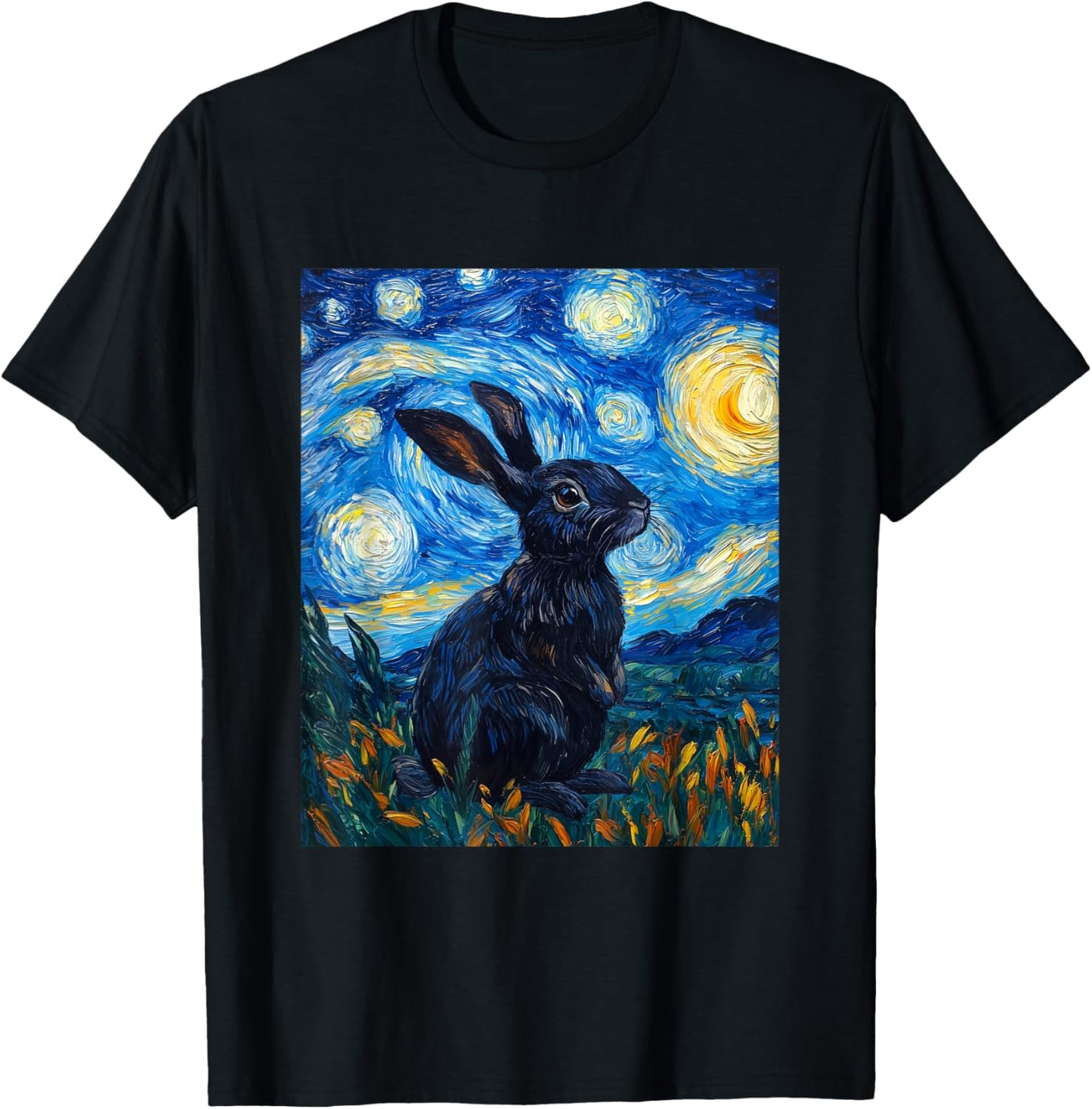 Cute Bunny Rabbit - Van Gogh Style - Starry Night T-Shirt - T-Shirt | Black