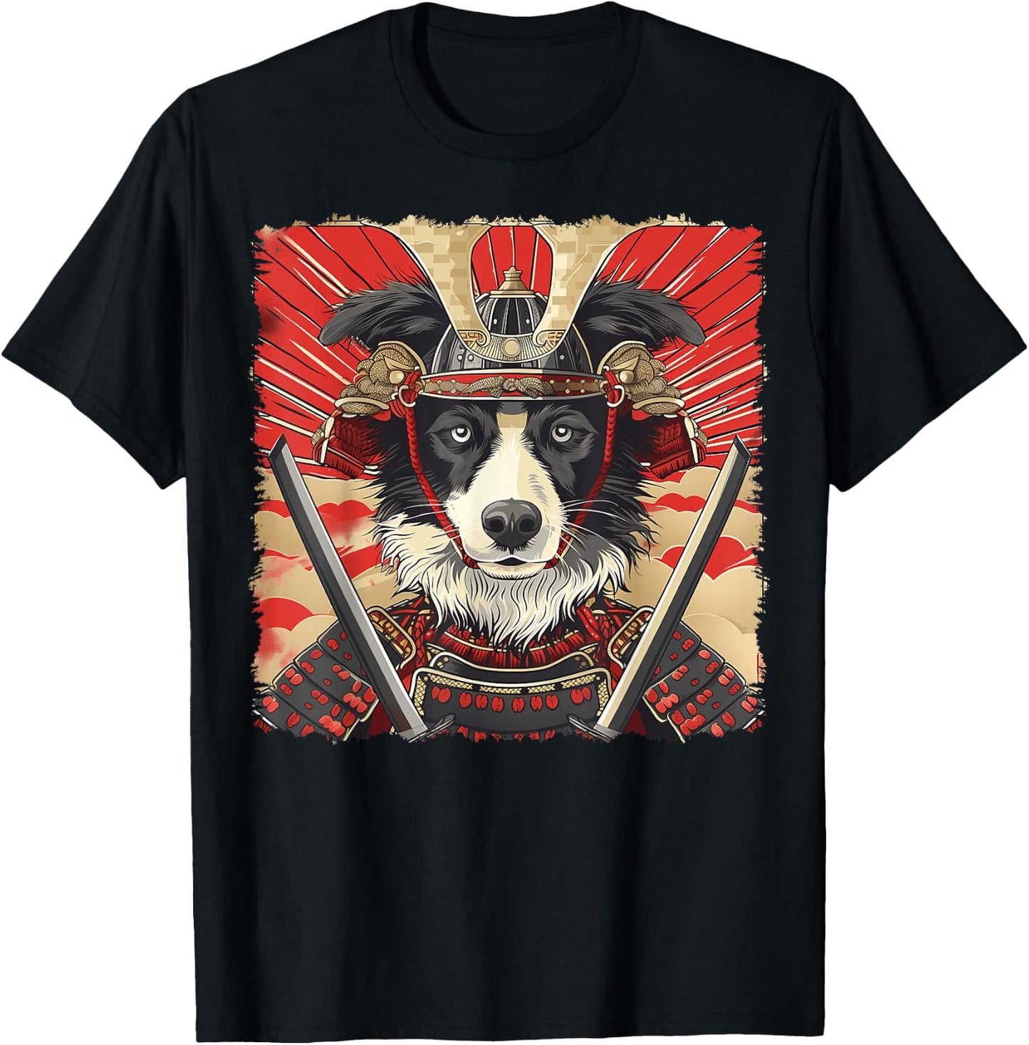 Border Collie Dog Japanese Art Samurai Ukiyo-e Vintage T-Shirt - T-Shirt | Black