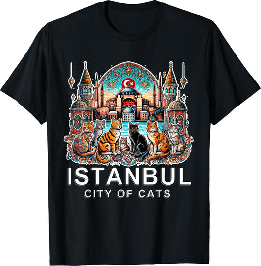 Travel to Istanbul - City of Cats, Turkey, White Font Ed T-Shirt - T-Shirt | Black