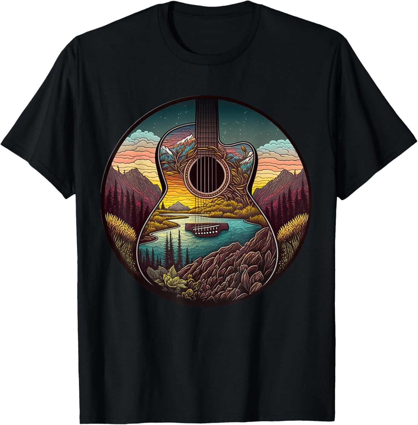 Guitar Landscape Music Lover- Acoustic Guitar Player Graphic T-Shirt - T-Shirt | Black