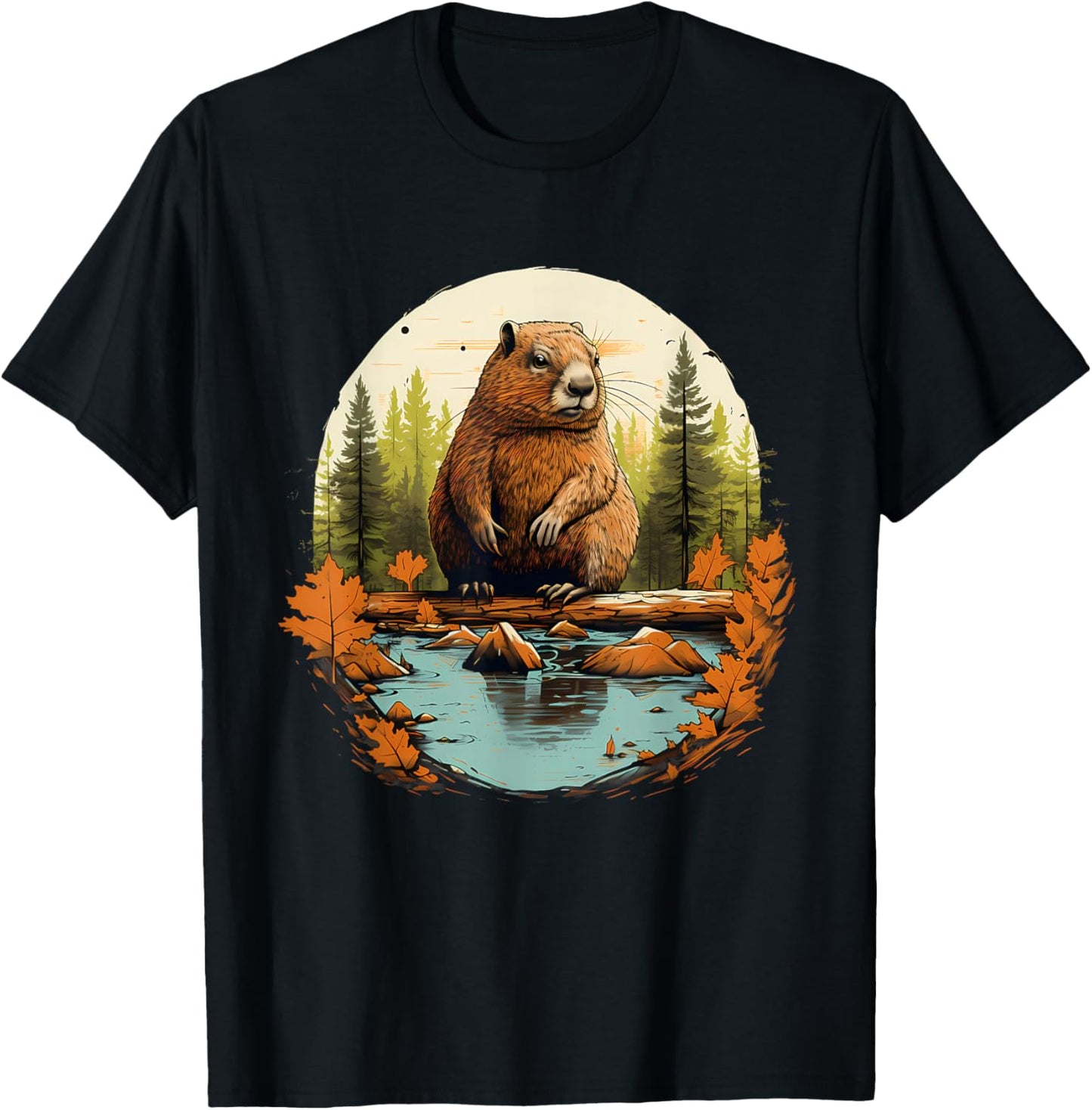 Beaver Wildlife Nature Animal Lover Artwork Forest Motif T-Shirt - T-Shirt | Black