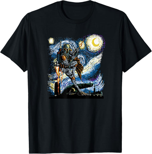 Star Wars Classic Boba Fett Van Gogh's Starry Night Painting T-Shirt - T-Shirt | Black