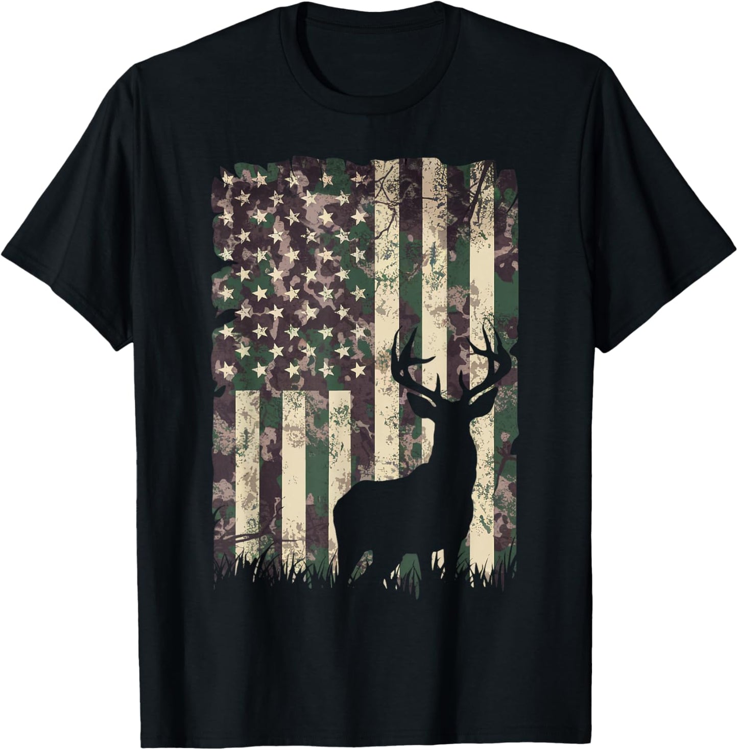 Camo US Flag Deer Camoflage Hunting Gifts Dad Hunter T-Shirt - T-Shirt | Black