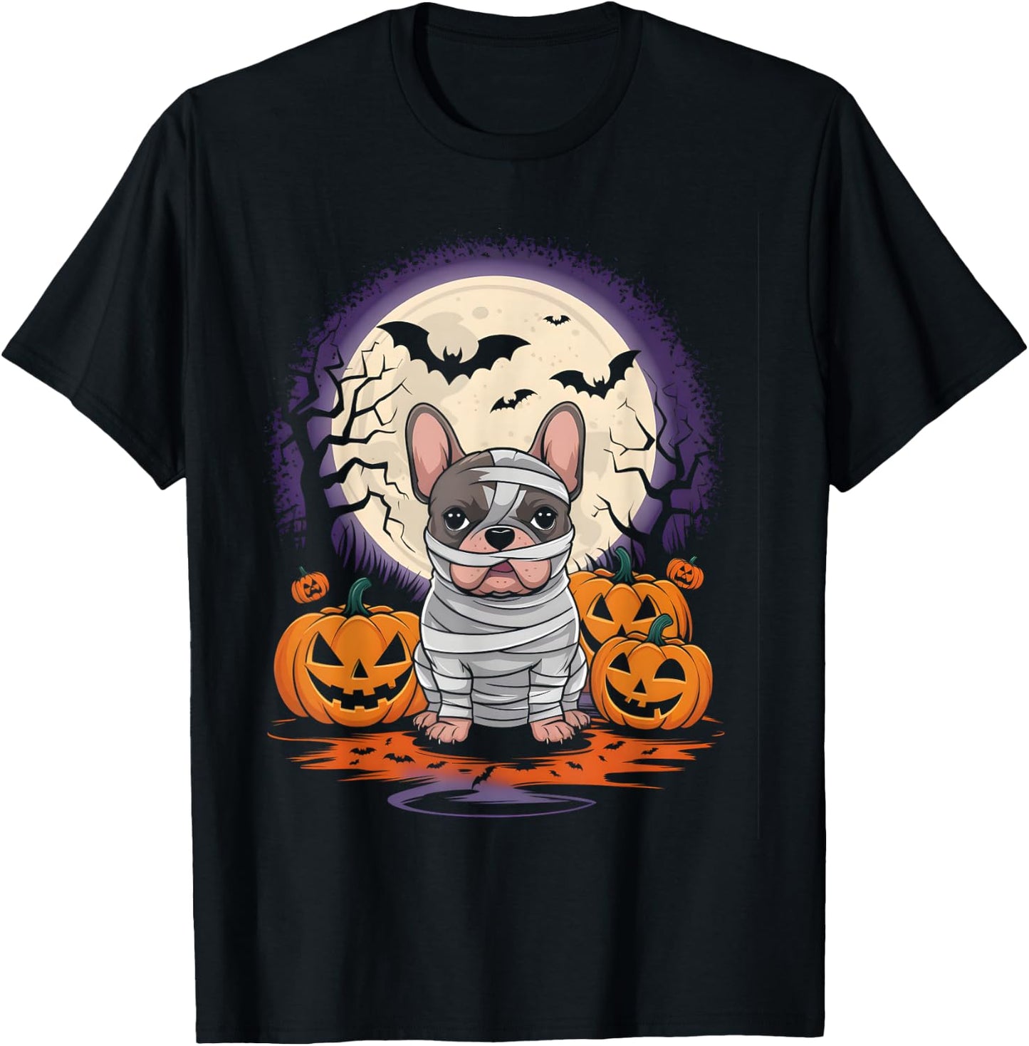 Spooky French Bulldog Mummy Full Moon - Halloween Dog T-Shirt - T-Shirt | Black
