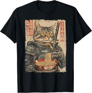 Samurai Cat Loves Ramen Funny Anime Japanese Artwork Samurai T-Shirt - T-Shirt | Black