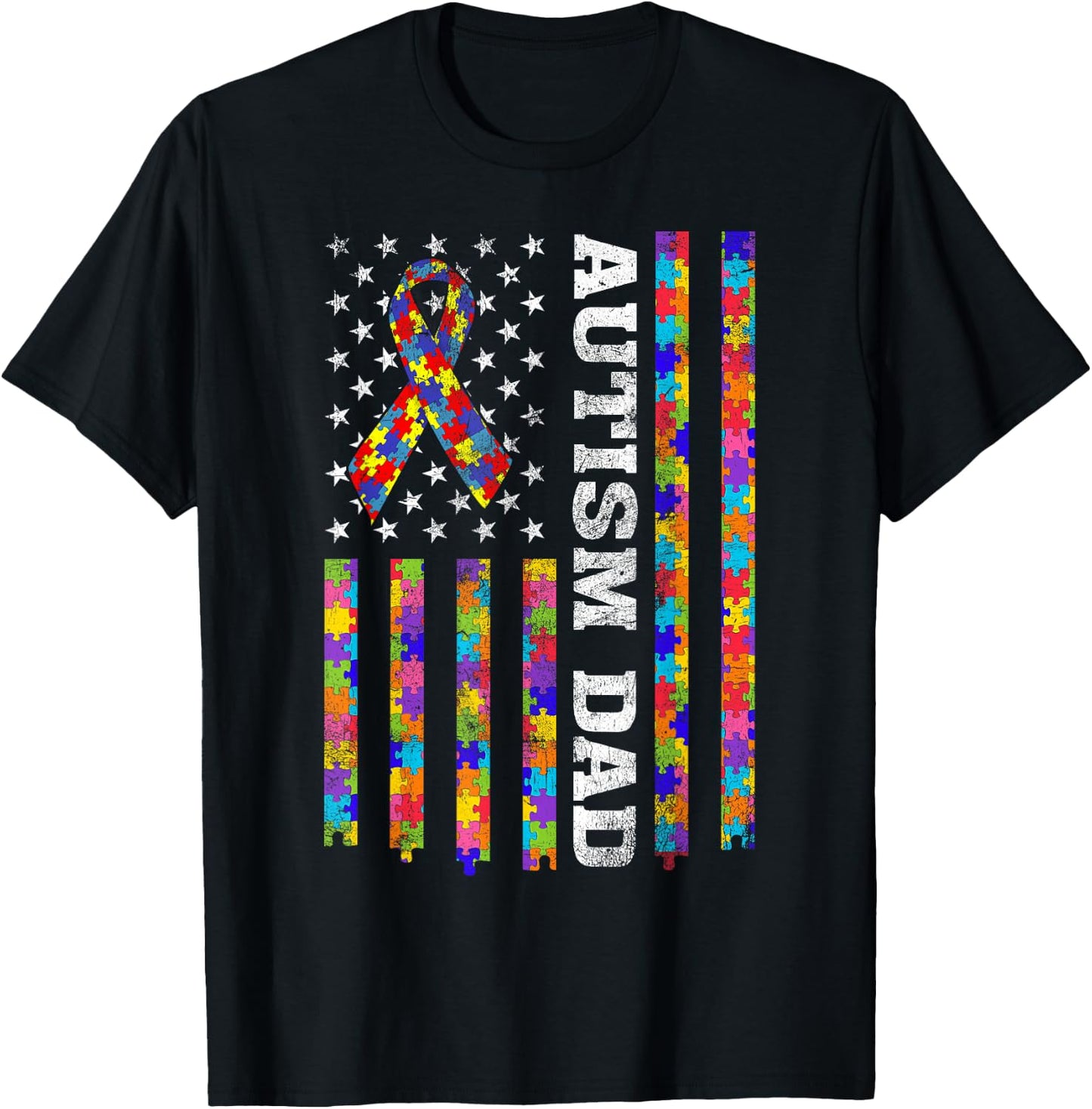 Proud Autism Dad Puzzle Piece Ribbon US American Flag Women Kids Men T-Shirt - T-Shirt | Black