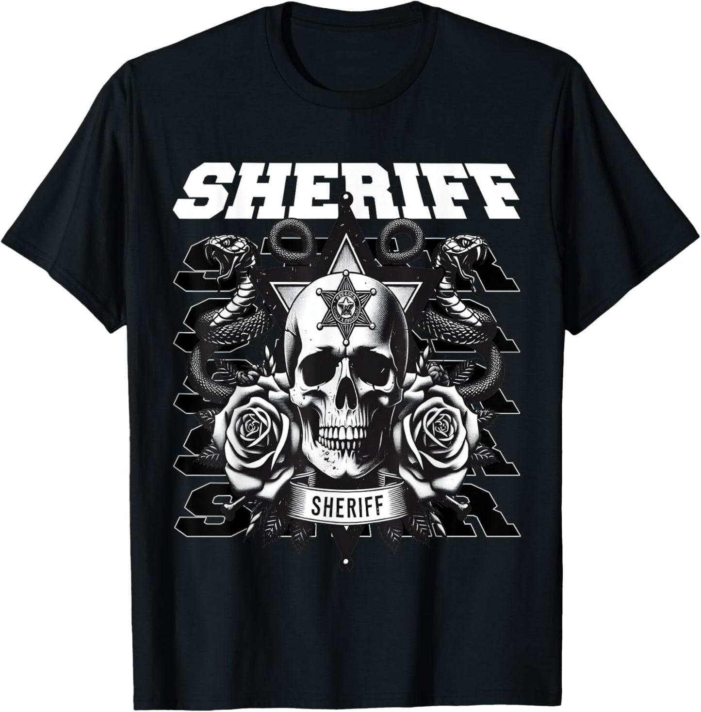 Sheriff Star Snakes and Roses T-Shirt - T-Shirt | Black