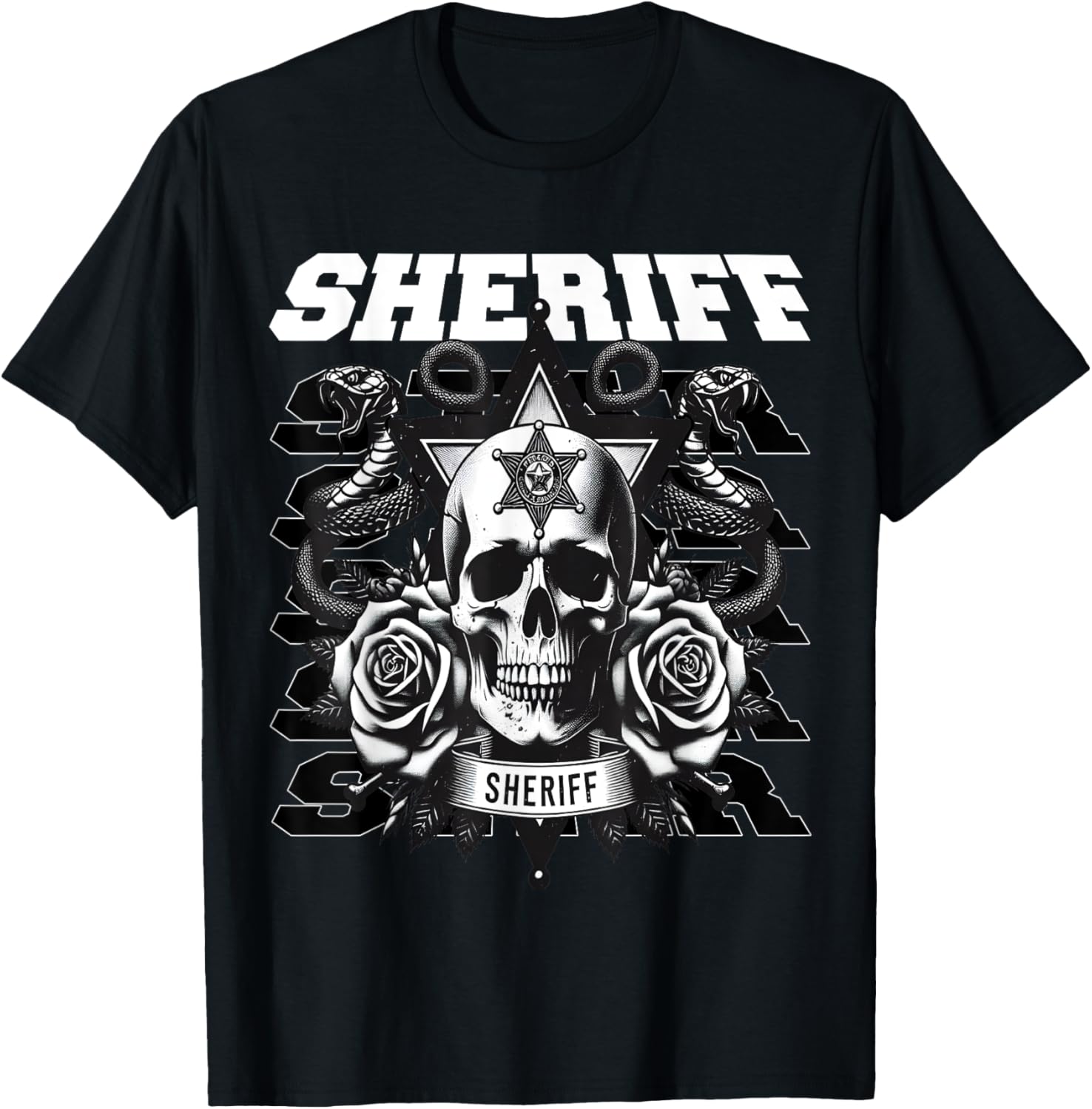 Sheriff Star Snakes and Roses T-Shirt - T-Shirt | Black