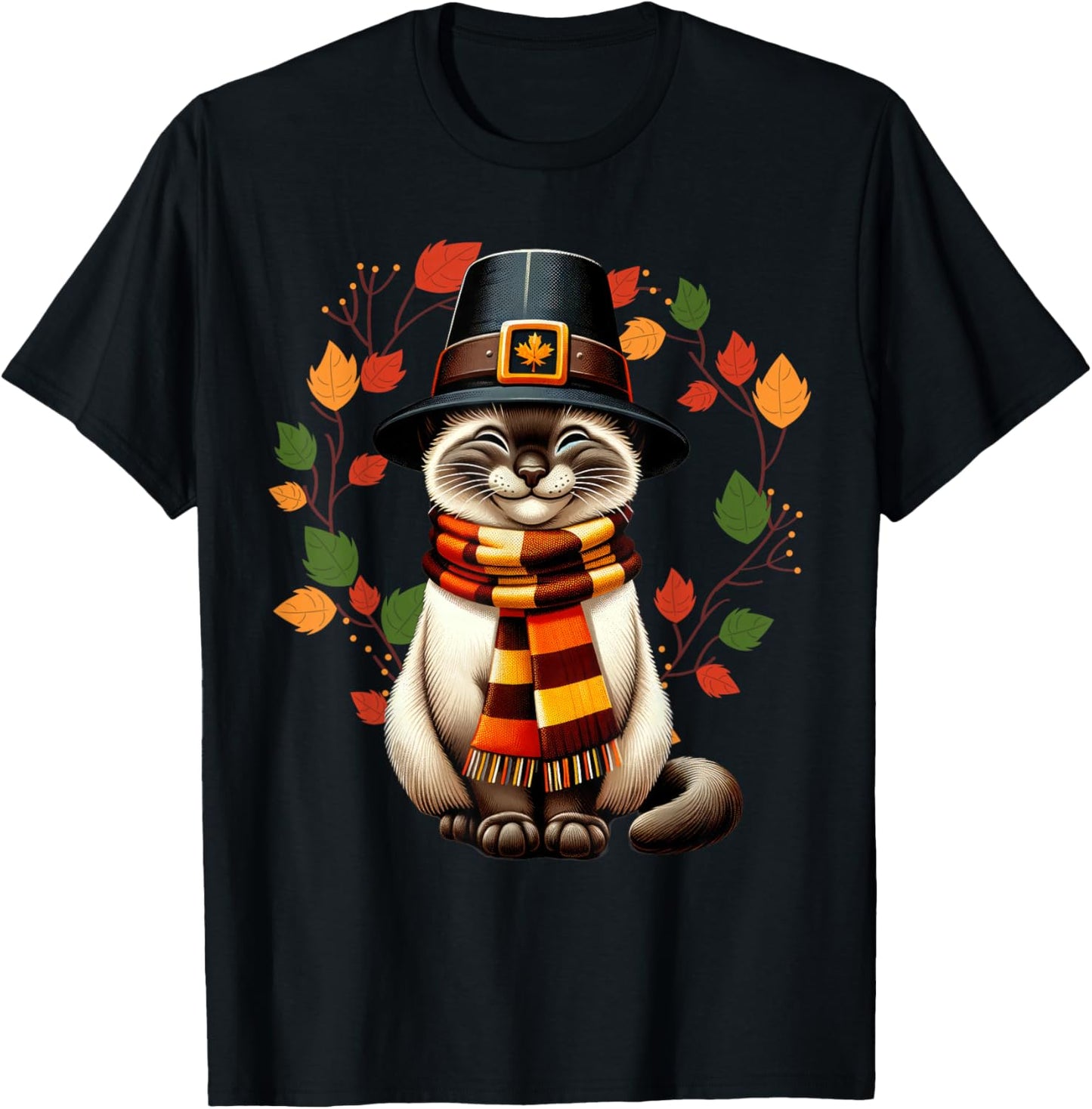 Siamese Cat Pilgrim Thanksgiving Fall Turkey, Women Girls T-Shirt - T-Shirt | Black