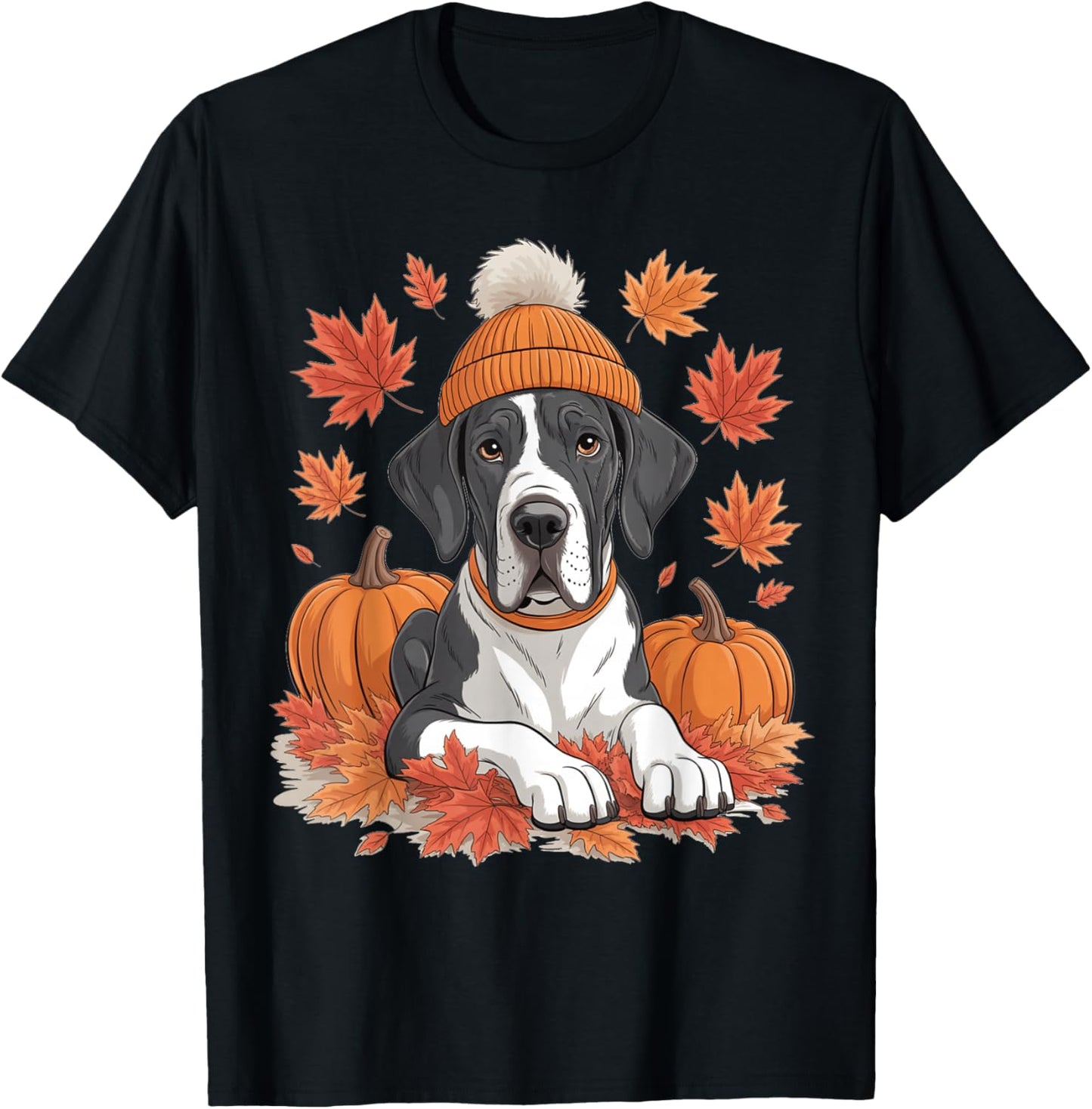 Funny Great Dane Fall Scarf Autumn Leaves Dog Lovers T-Shirt - T-Shirt | Black