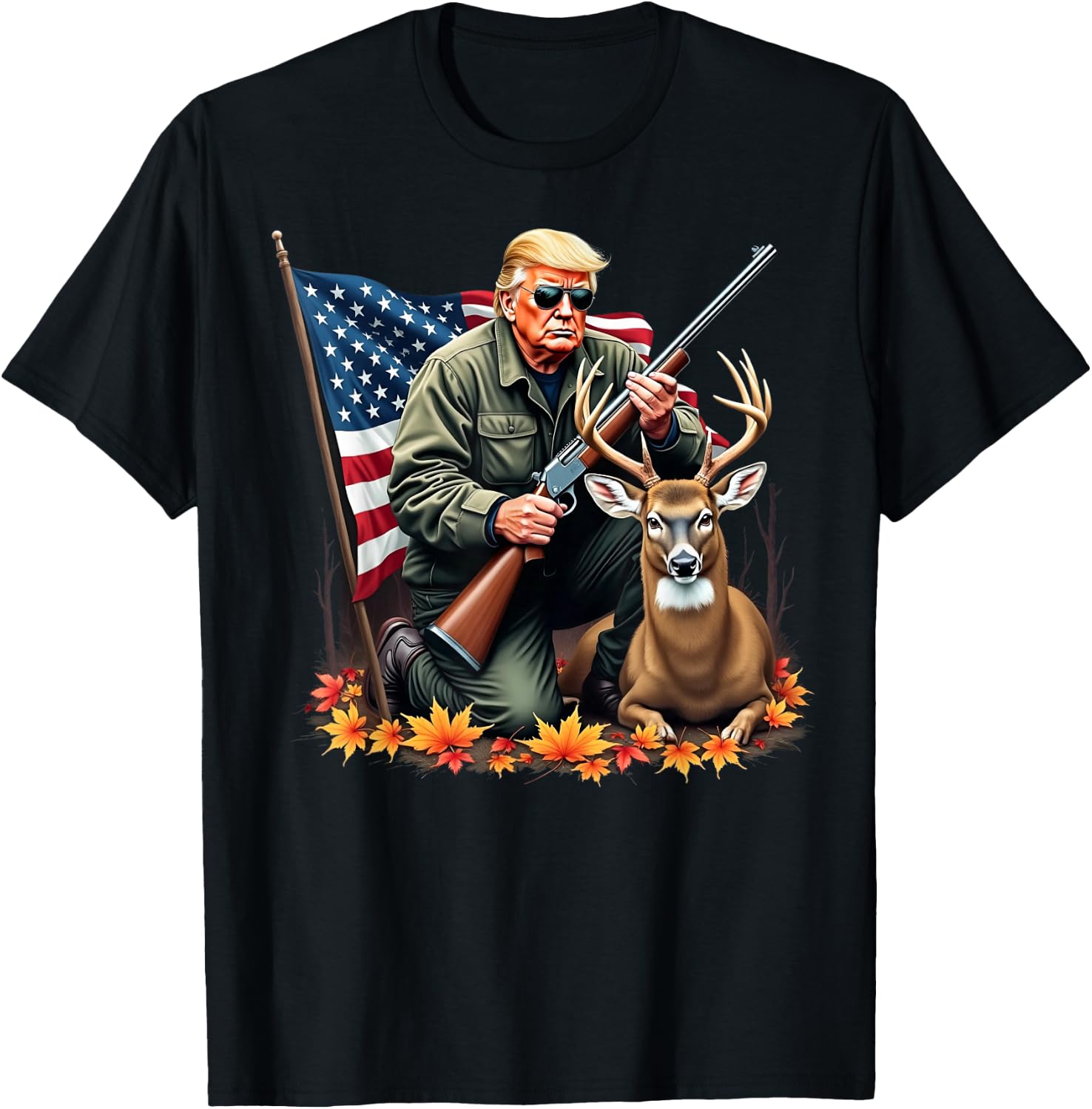Hunting Deer Season Vintage Trump USA Flag Camouflage T-Shirt - T-Shirt | Black