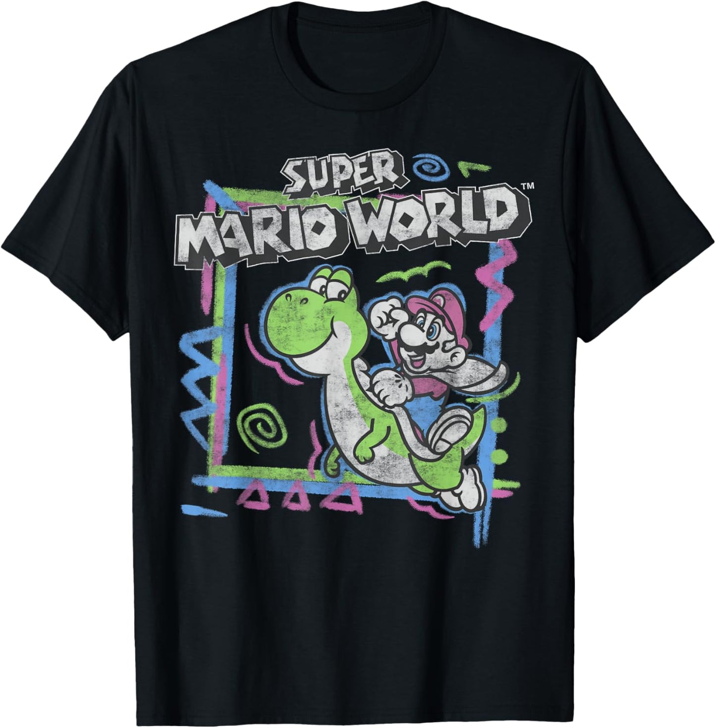 Super Mario World 90's Neon Abstract Nintendo Yoshi Ride T-Shirt - T-Shirt | Black