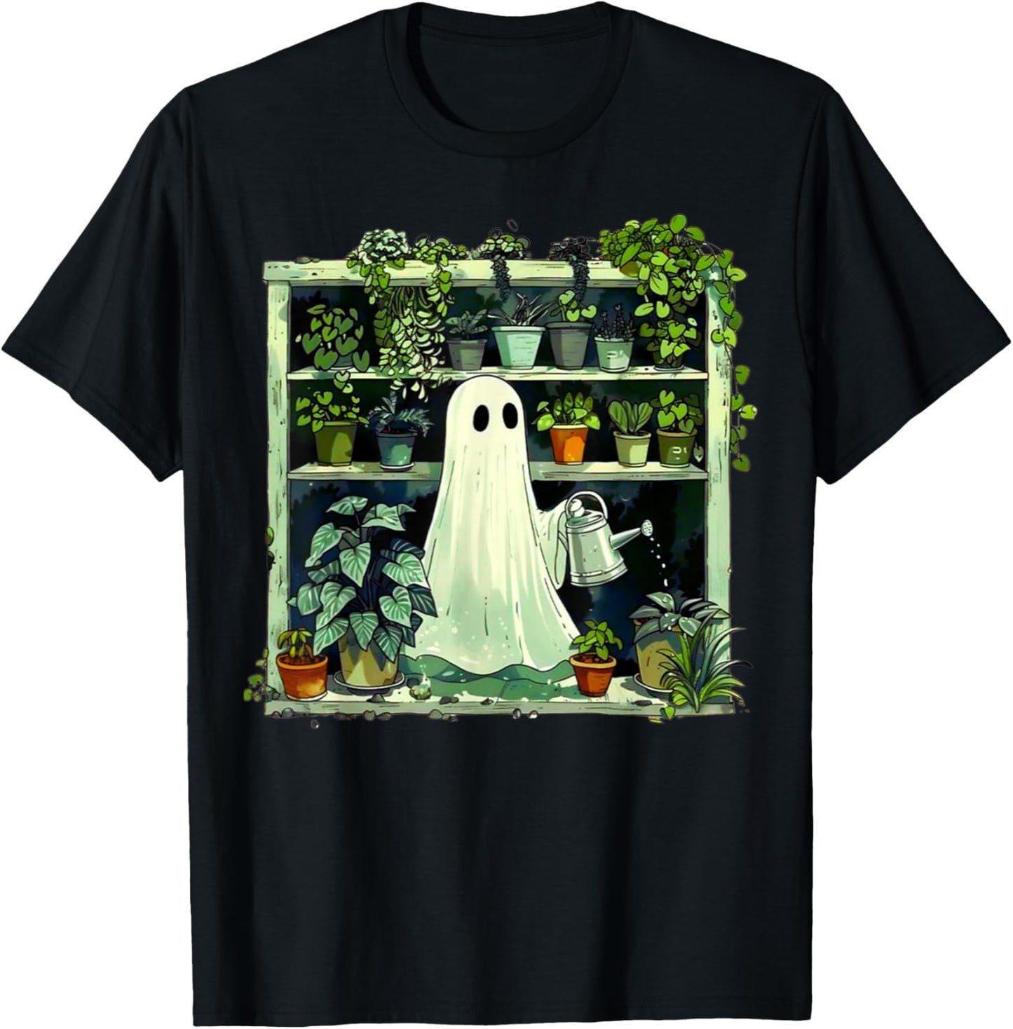 Spooky Ghost Watering Plants Funny Halloween Garden Lover T-Shirt - T-Shirt | Black