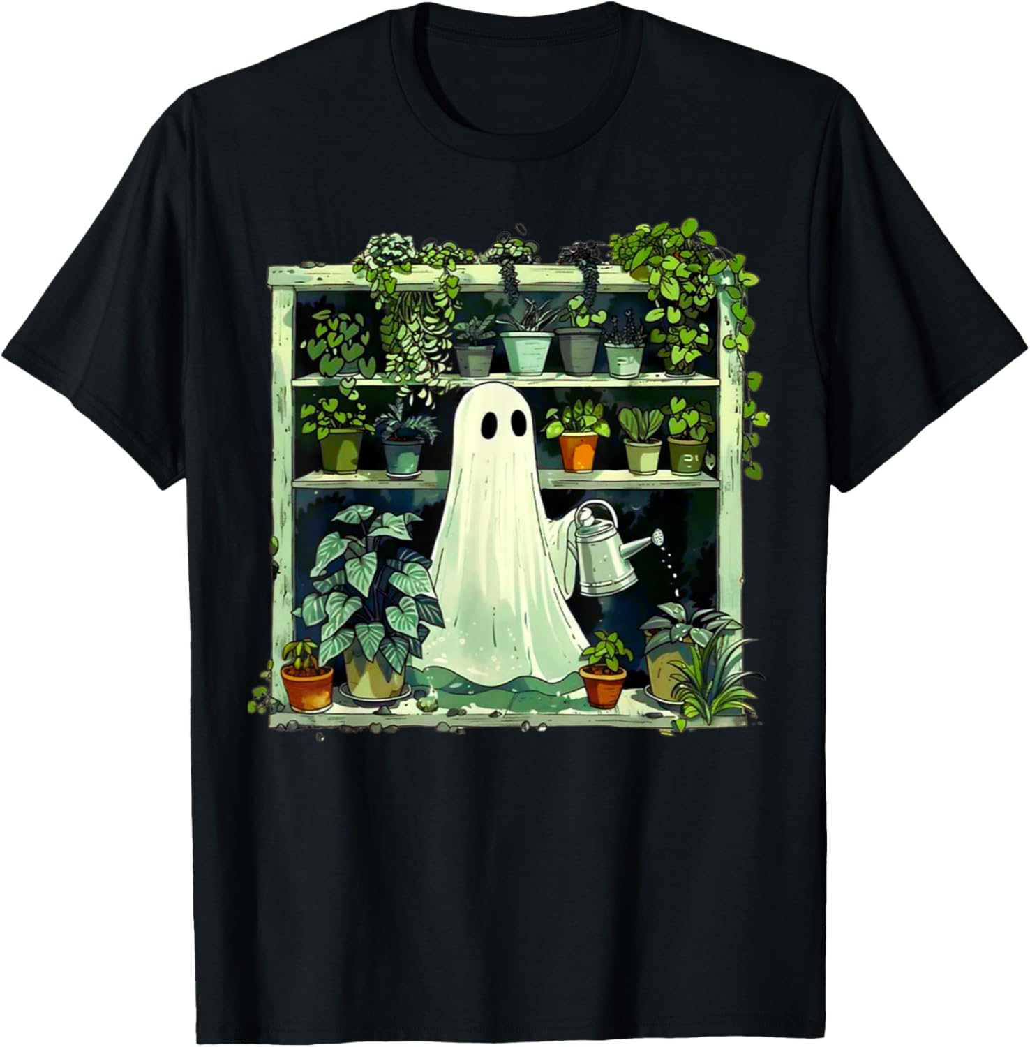 Spooky Ghost Watering Plants Funny Halloween Garden Lover T-Shirt - T-Shirt | Black