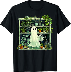 Spooky Ghost Watering Plants Funny Halloween Garden Lover T-Shirt - T-Shirt | Black