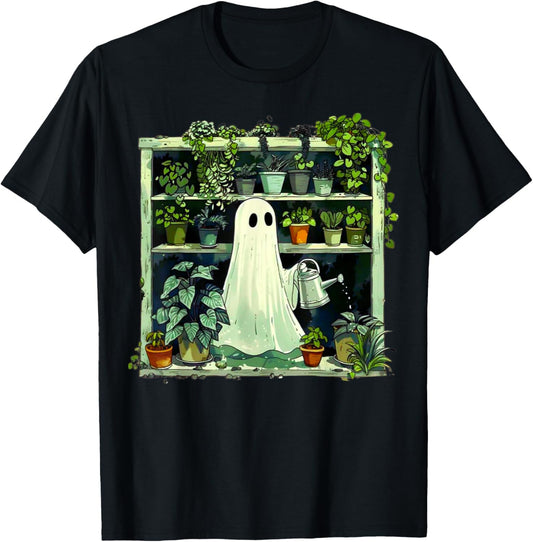 Spooky Ghost Watering Plants Funny Halloween Garden Lover T-Shirt - T-Shirt | Black