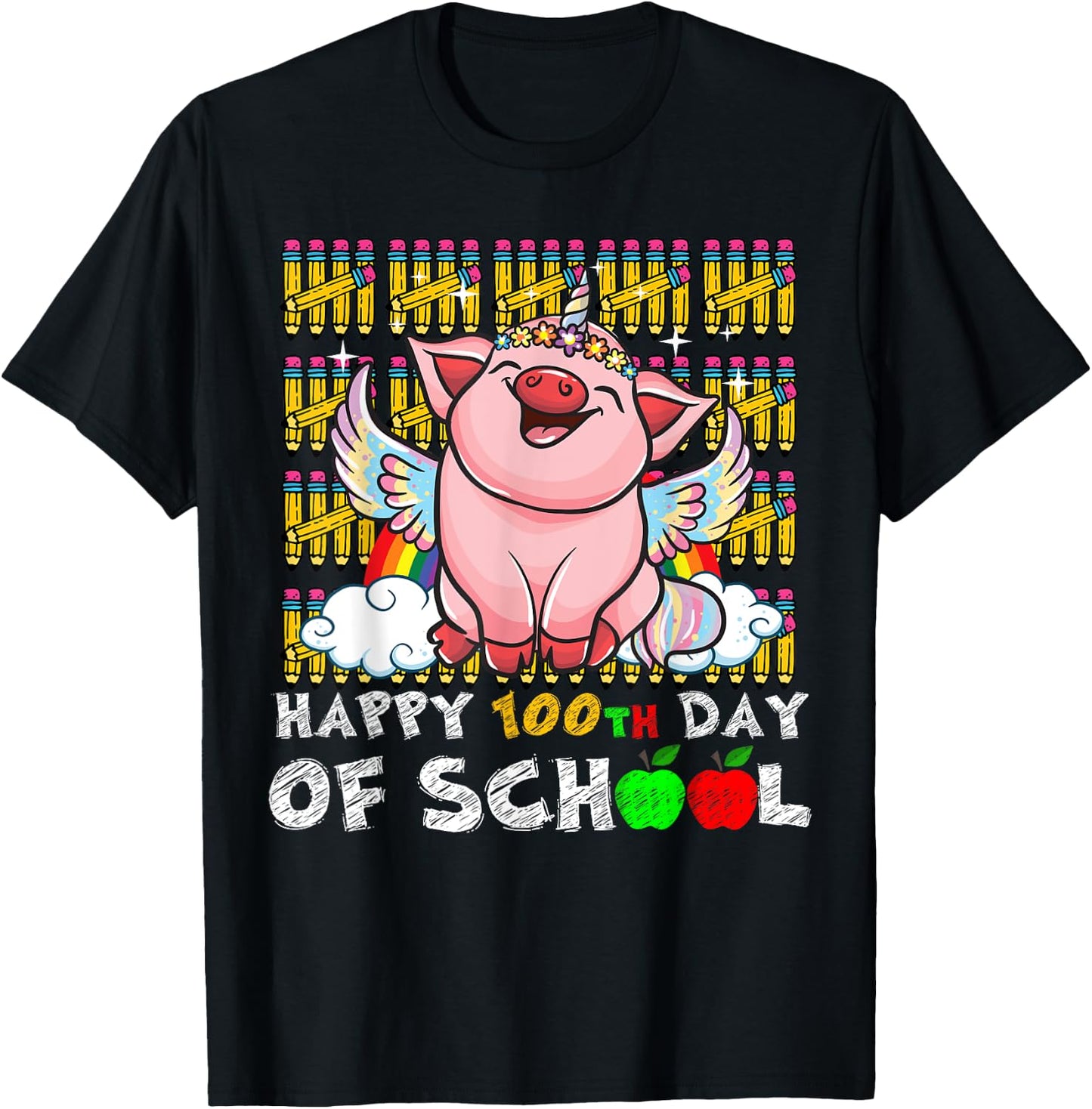 Happy 100th Day Of School Pig Funny Teacher Student Kids T-Shirt - T-Shirt | Black