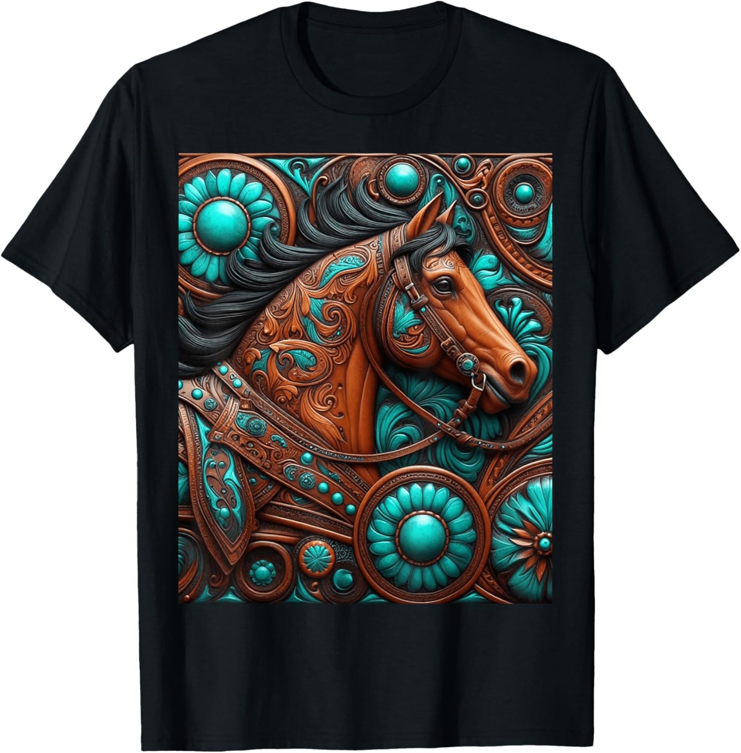 Turquoise and Chocolate Tooled Horse T-Shirt - T-Shirt | Black