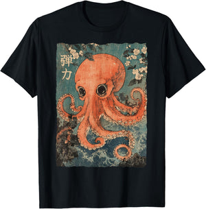 Octopus and Cherry Blossom tree Japanese Woodblock art T-Shirt - T-Shirt | Black