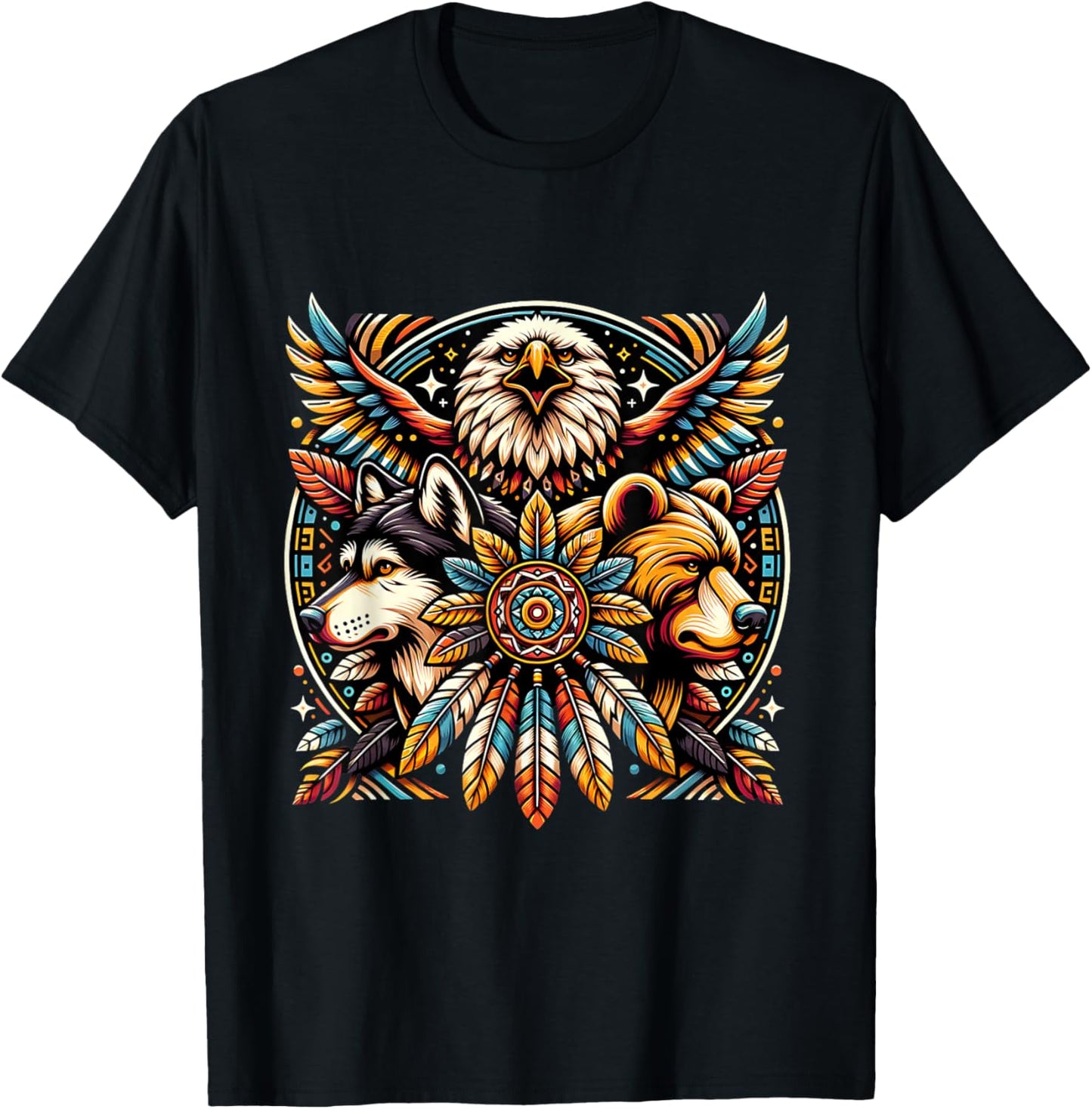 Native American Tribal Animals Bear Wolf Eagle Bohemian T-Shirt - T-Shirt | Black
