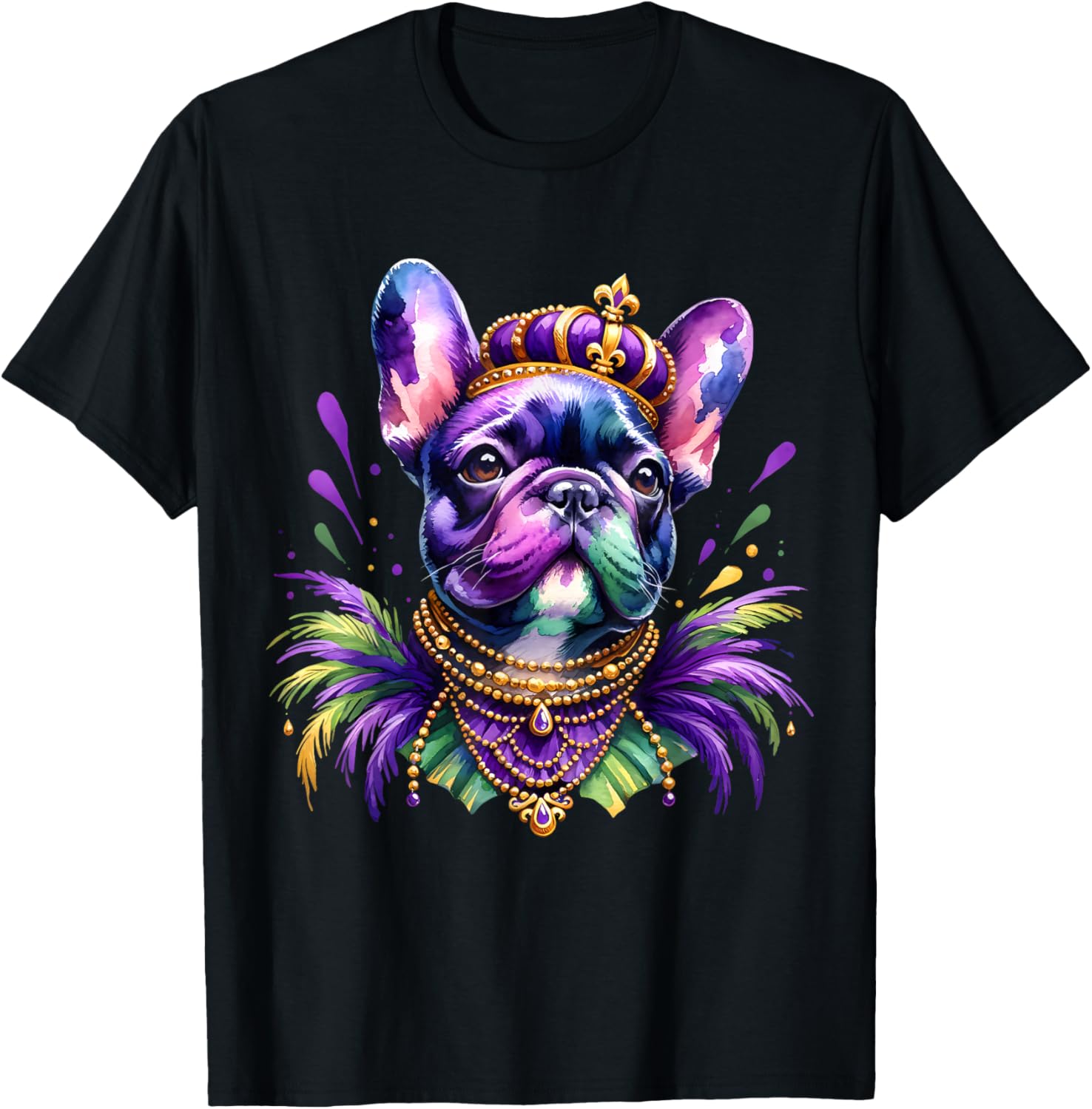 French Bulldog Owners with Mardi Gras Watercolor Dog Lovers Men Women Kids T-Shirt - T-Shirt | Black