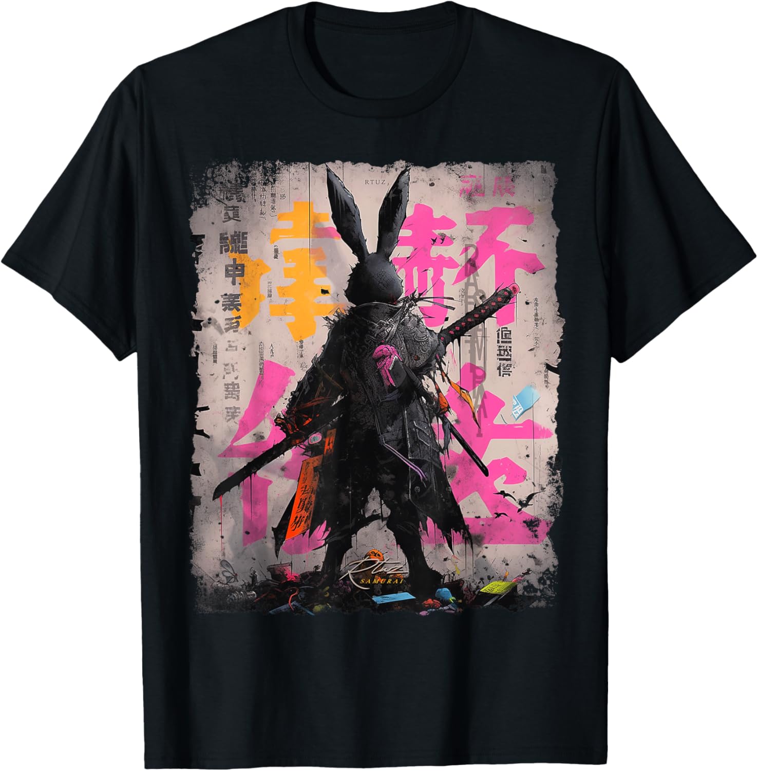 Hip Hop Y2K Vintage Hipster Hare Streetwear Bunny Samurai T-Shirt - T-Shirt | Black