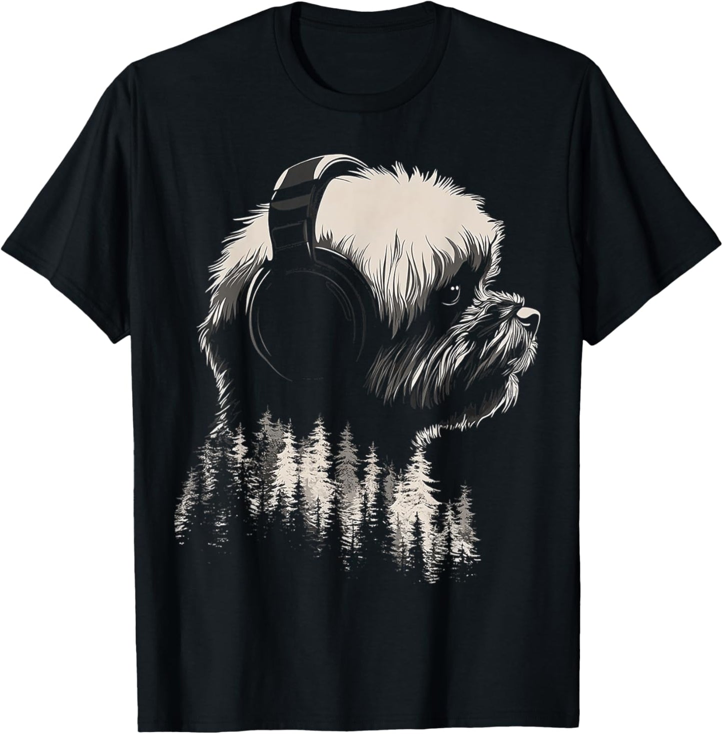 Shih Tzu Dog Motif Pet Art Music Headphone Shih Tzu T-Shirt - T-Shirt | Black
