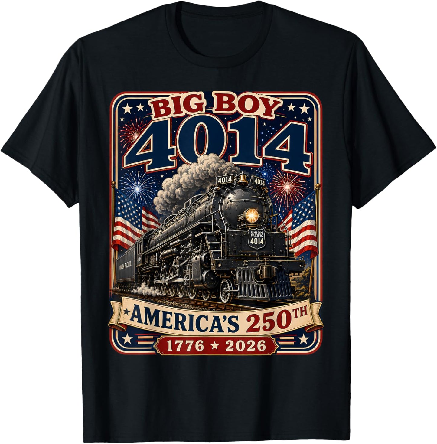 Big Boy 4014 Train 4th of July Retro US Flag Vintage Apparel T-Shirt - T-Shirt | Black