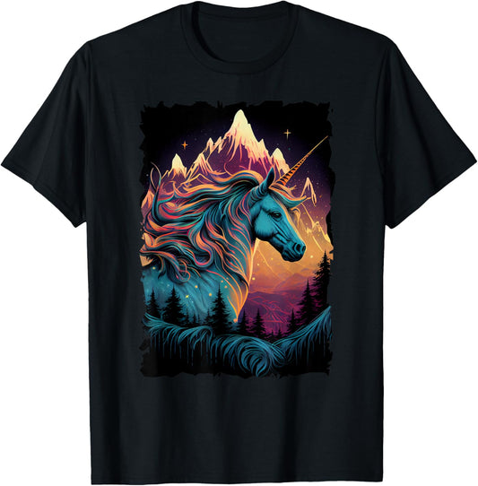 Vintage Unicorn Silhouette with Mountain Sunset Fantasy T-Shirt - T-Shirt | Black