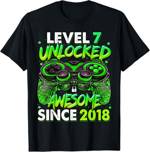 Level 7 Unlocked Awesome Since 2018 7th Birthday Gaming T-Shirt - T-Shirt | Black