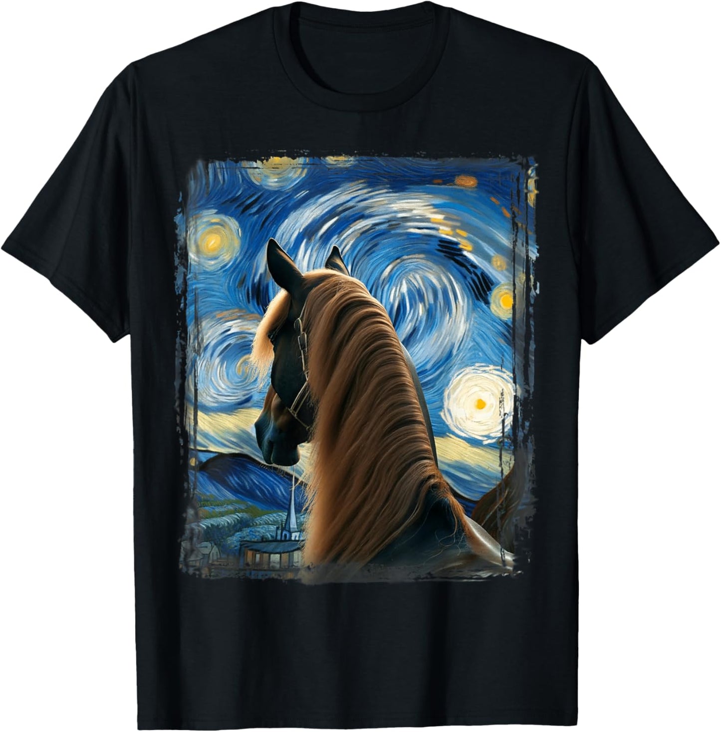 Horse Star Gazer Artistic Van Gogh Style Starry Night Horse T-Shirt - T-Shirt | Black