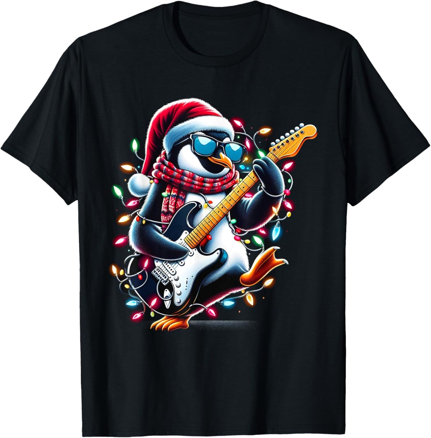 Penguin Playing Guitar Toddler Penguin Christmas Light Xmas T-Shirt - T-Shirt | Black