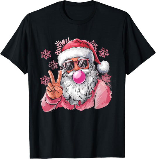 Retro Santa Christmas Blowing Bubble Pink Santa Xmas Funny T-Shirt - T-Shirt | Black