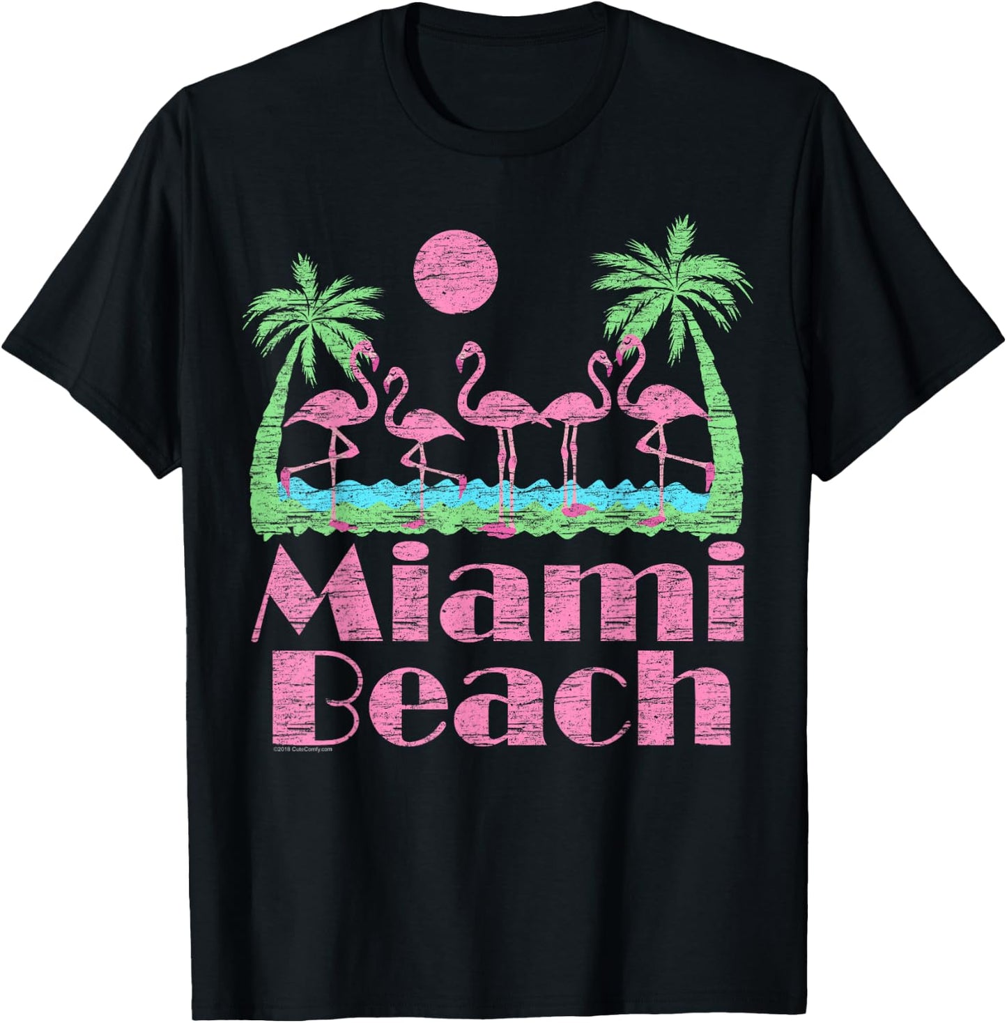 Miami Beach Pink Flamingo Florida Souvenir Men Women Kid 80s T-Shirt - T-Shirt | Black