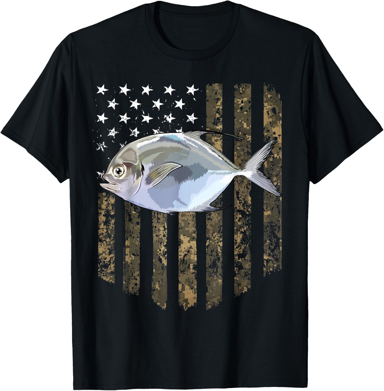Camo American Flag Pompano Fishing 4th Of July Women Men T-Shirt - T-Shirt | Black